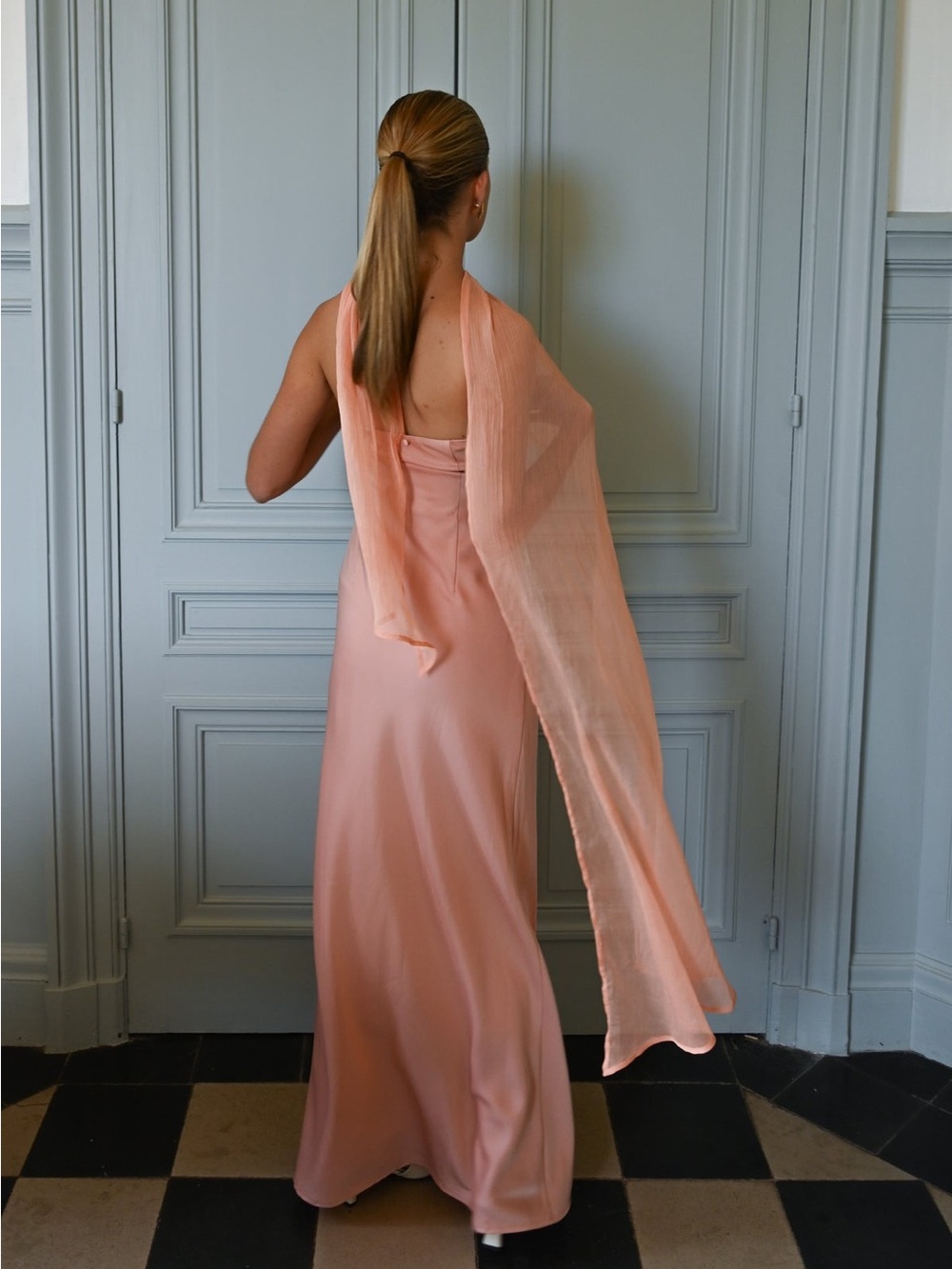 Strapless Peach Evening Gown with Draped Scarf - Picture 3 of 4